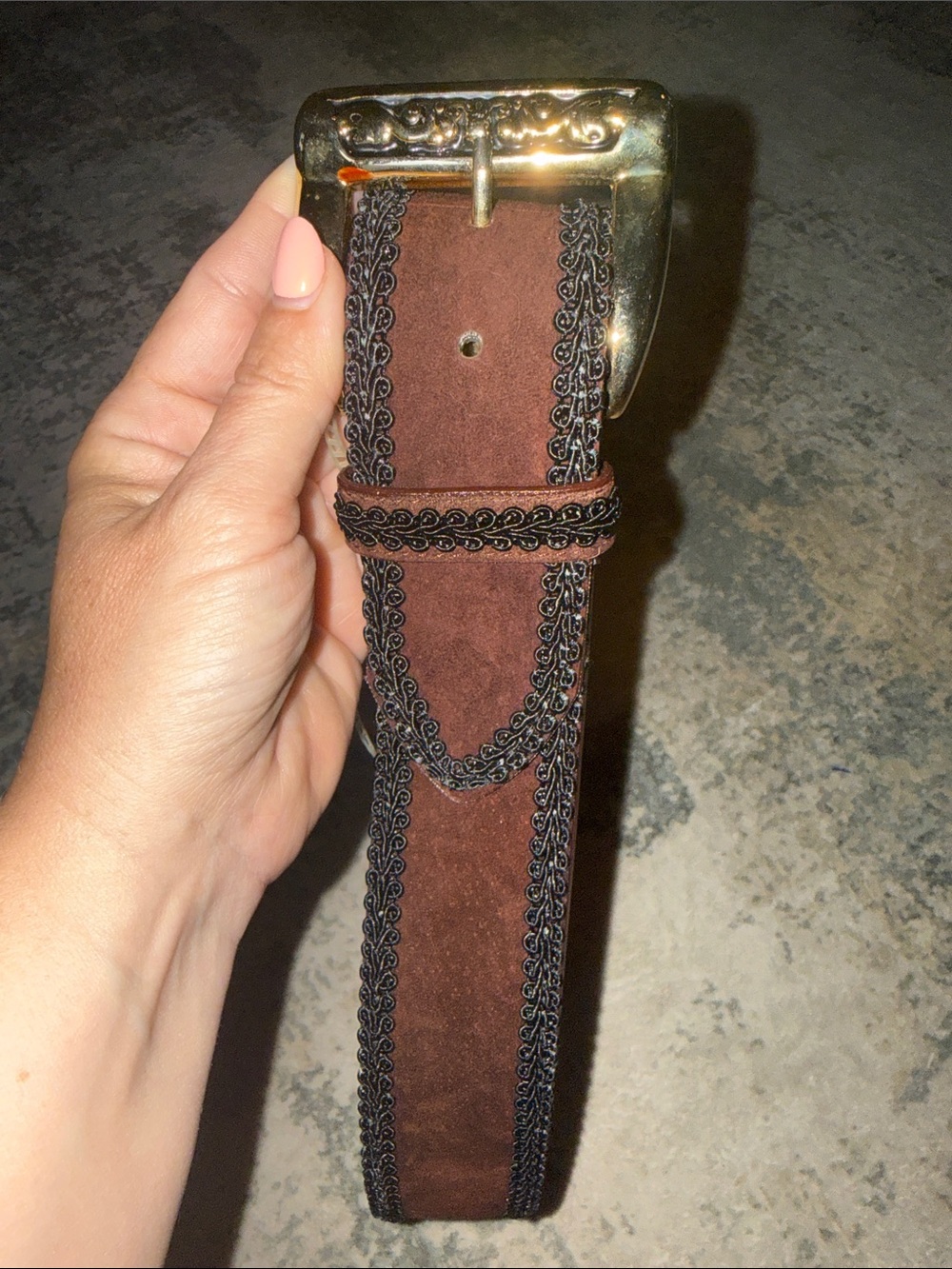 Vintage Donna Katz Dark Brown Leather Western Belt, Gold Scroll Buckle, 22323/JC